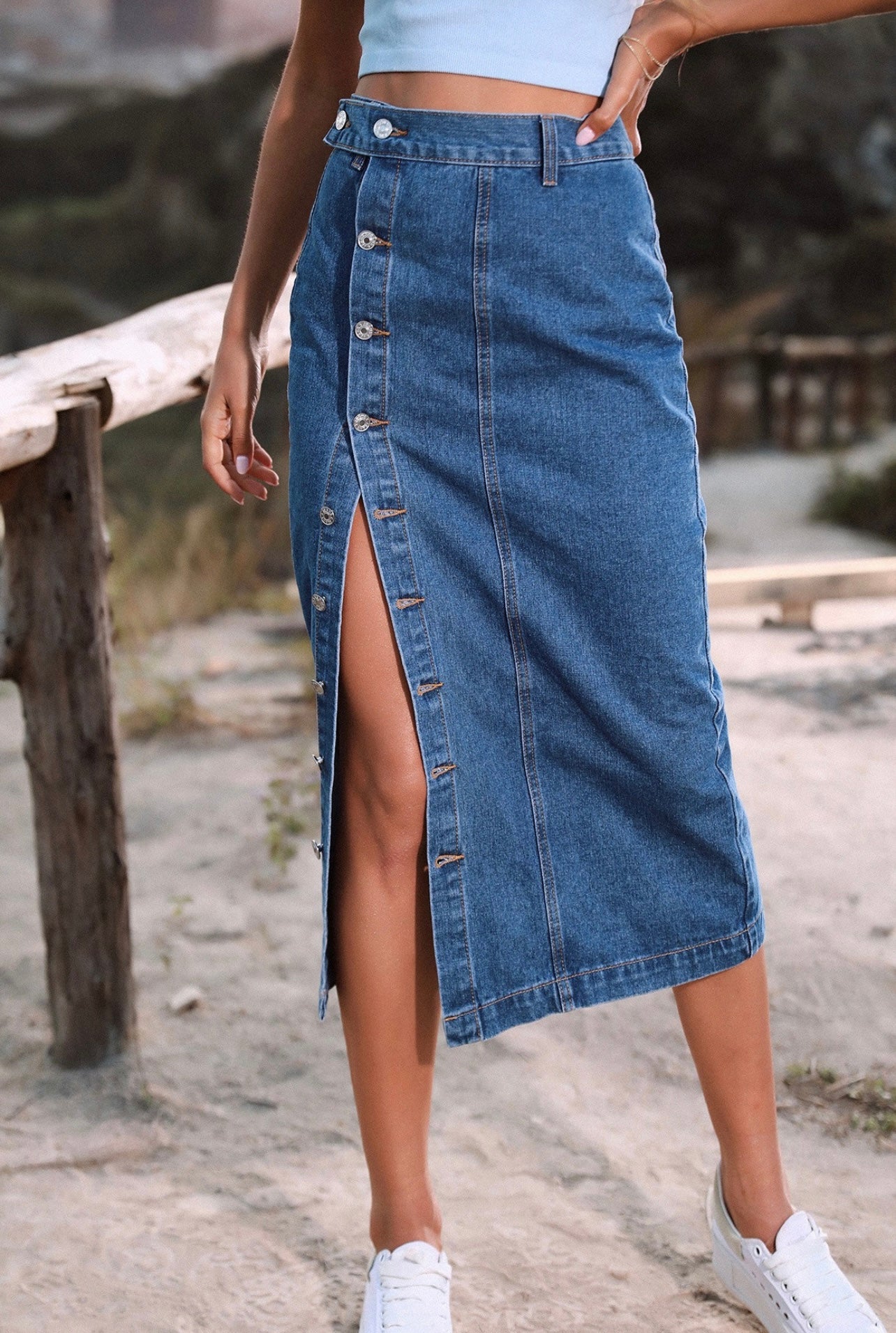 Maggie Denim Slit Skirt ( Blue )