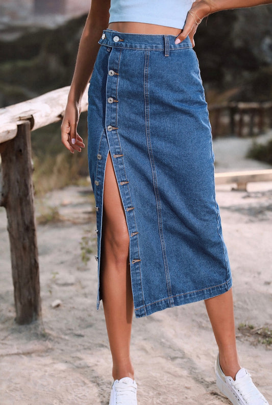 Maggie Denim Slit Skirt ( Blue )